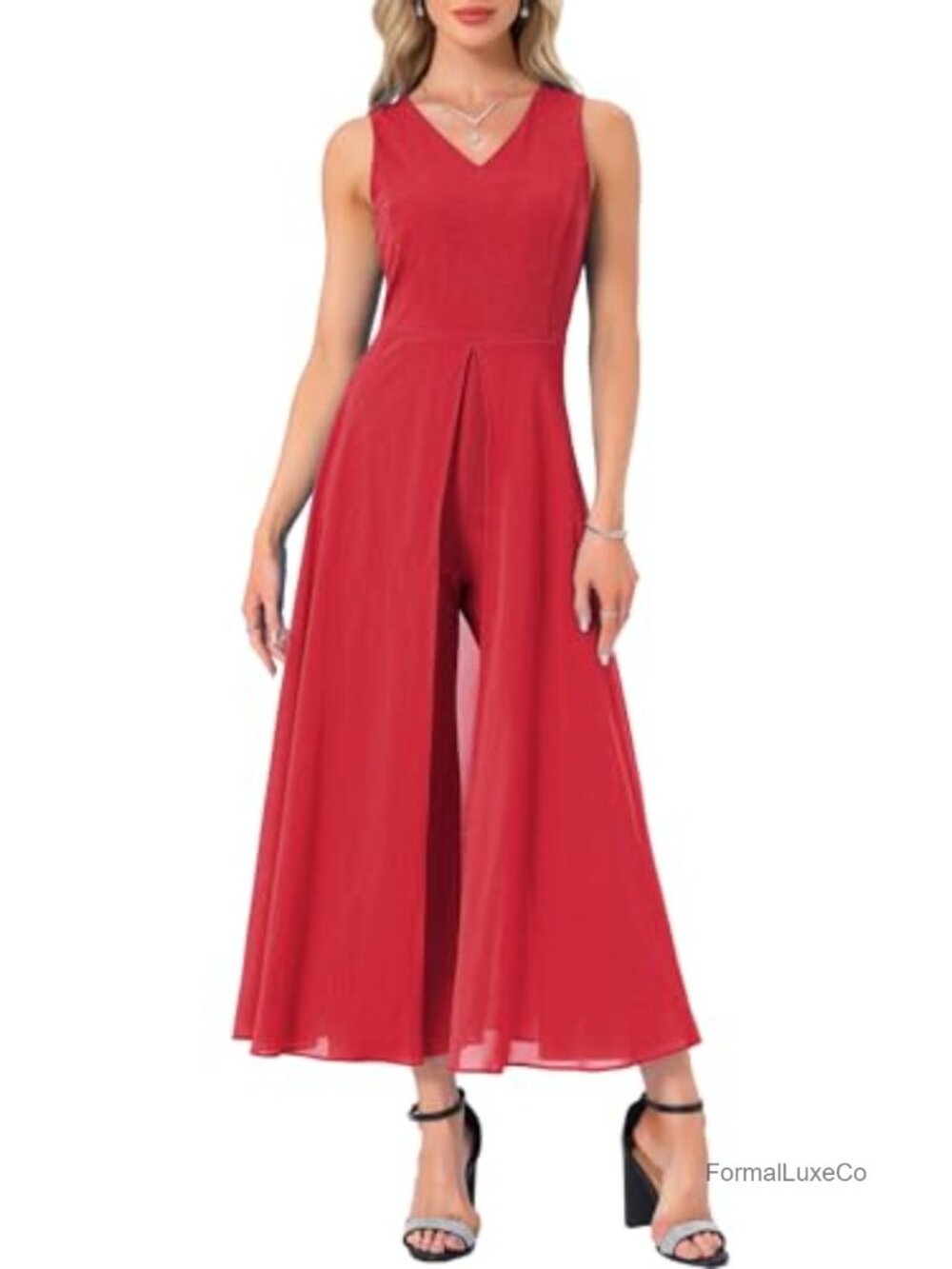 Wide Leg Chiffon Jumpsuit V-Neck Sleeveless Formal Cocktail Party